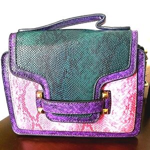 "Aunlee" Snakeskin colorblock faux leather Crossbody Handbag pink green purple